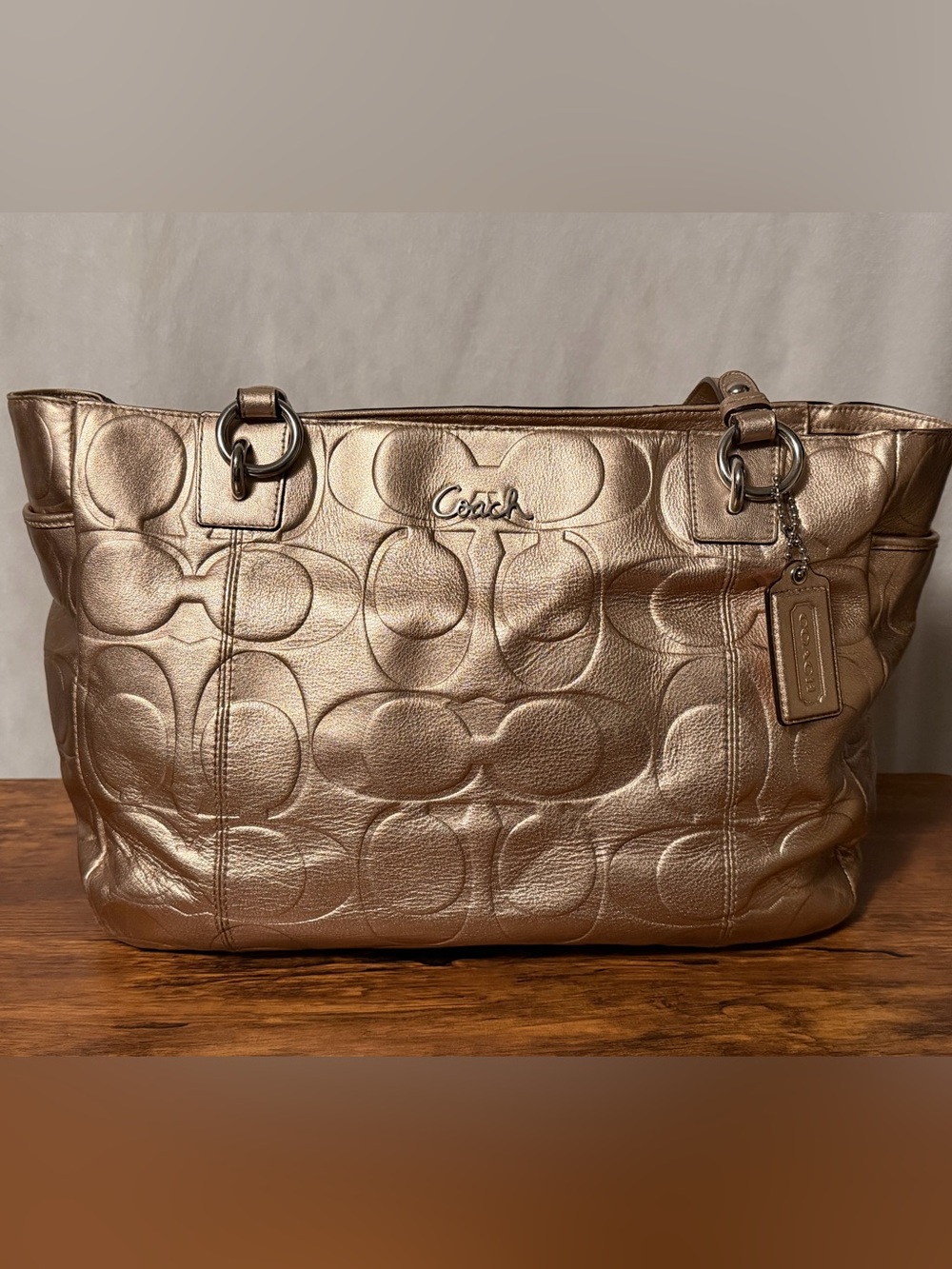 Coach Metallic Gold Signature Embossed Leather Tote Bag